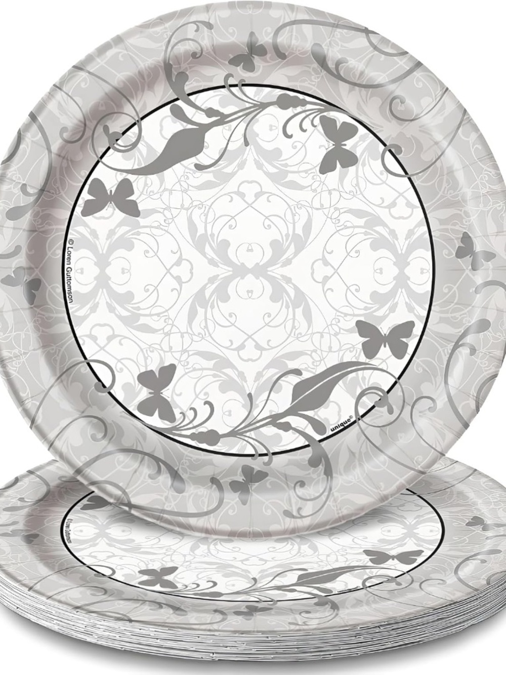 Victorian Wedding Dessert Plates, Elegant Gray Butterfly 7-Inch Paper Plates 8ct